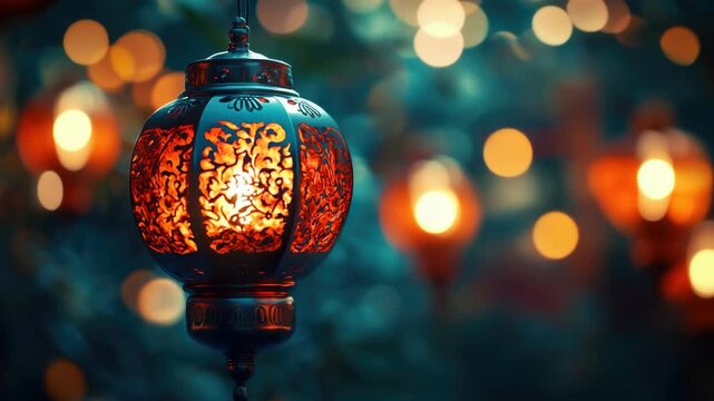 Glowing Traditional Chinese Lantern with Intricate Patterns and Festive Bokeh