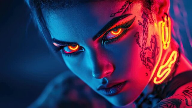 Close-up Portrait of a Cyberpunk Woman with Glowing Eyes and Neon Face Art