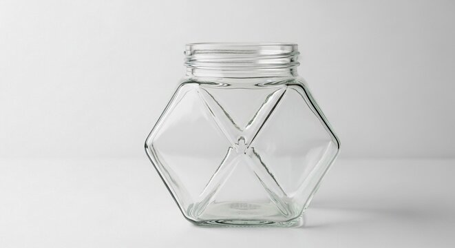 An empty clear glass jar with a unique geometric faceted design and screw top isolated on a light background