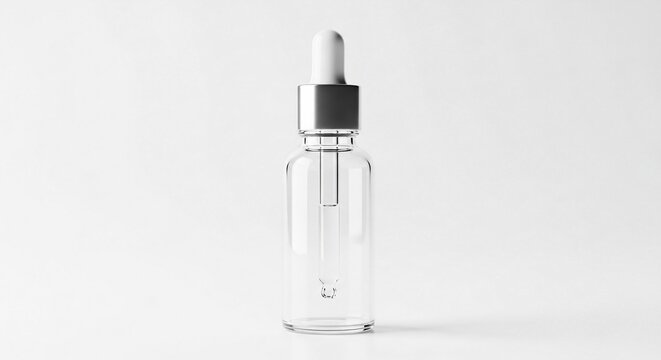 Clear glass dropper bottle with silver cap and pipette, isolated on white.