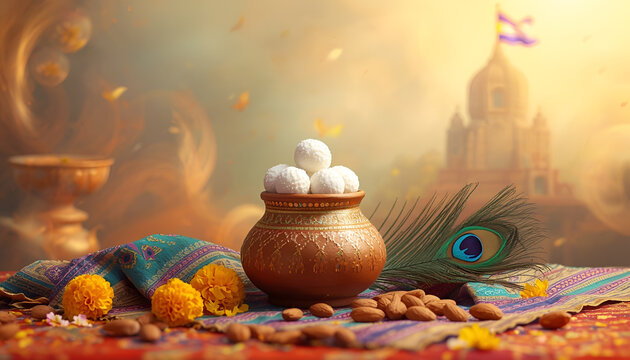 Krishna Janmashtami banner with sweet laddu in clay pot peacock feather and temple background