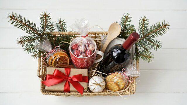 Christmas gift basket with wine, red mug, cookies, and pine branches