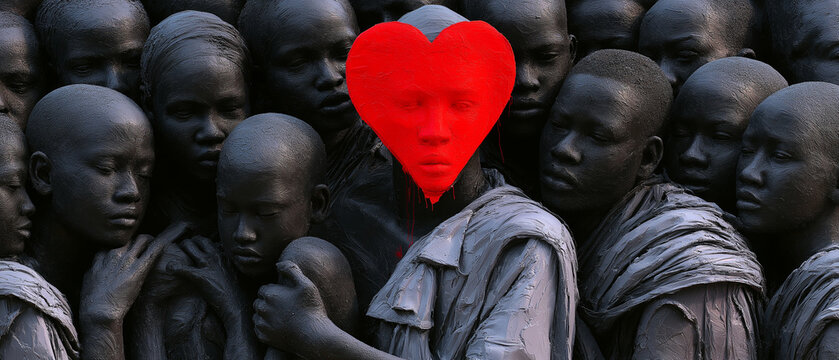 Heart symbolizing love among faces in a crowd for Valentine's Day  