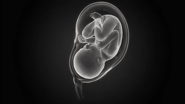 Human fetus development in womb medical illustration stock photo. Monochromatic 3D illustration of human fetus in amniotic sac inside womb on dark background, pregnancy and fetal development concept 