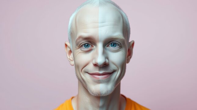  Close-up portrait of a smiling man with a split face showing before and after skincare comparison