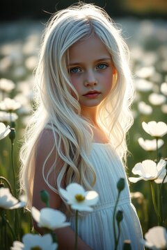  Portrait of a young blonde girl with blue eyes in a sunlit field of white flowers

