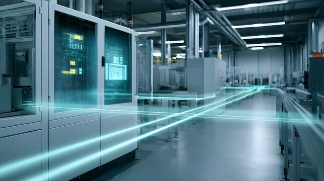 Modern factory floor with glowing digital lines connecting automated hinery and control systems for smart manufacturing ope ns