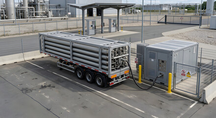 Naklejka premium Wasserstoff-Trailer versorgt eine Tankstation für Nutzfahrzeuge
