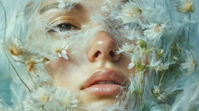 Extreme close-up of a woman's face veiled in white fibers and small flowers
