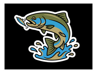 Fototapeta premium Fishing Trout Jumping Water Lure Sticker Vector Illustration Design