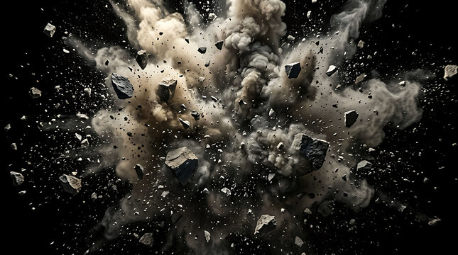 Violent explosion of rock debris and dust cloud floating in deep black space