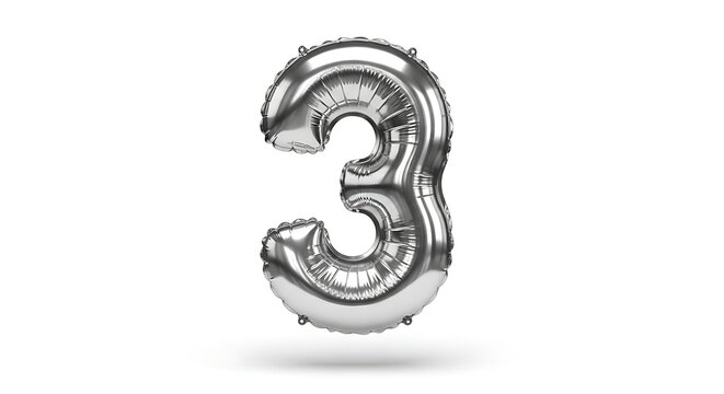 Silver number three balloon isolated on white background for birthday party celebration