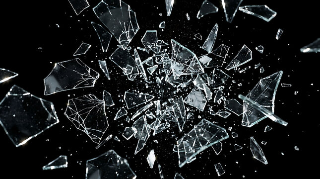 Shattered glass shards exploding in slow motion on black background texture