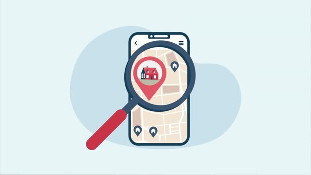 Real estate app on smartphone screen with map and location pin showing house property for sale or rent, magnifying glass motion highlights specific house for smart search.