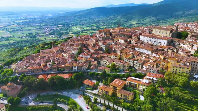 Aerial view of Cortona, a town in the province of Arezzo, Tuscany, Italy.