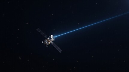 Orbital satellite firing blue laser beam in deep space, futuristic telecommunications satellite, advanced space technology concept © pixel art new