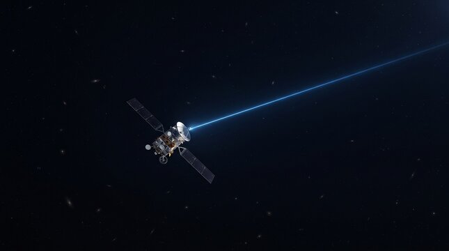 Orbital satellite firing blue laser beam in deep space, futuristic telecommunications satellite, advanced space technology concept