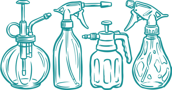 Hand Drawn Spray Bottle Collection with Vintage Pump and Trigger Sprayers.