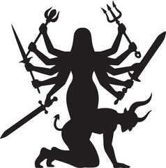 Naklejka premium A powerful silhouette of a multi armed deity standing over a kneeling figure holding various weapons