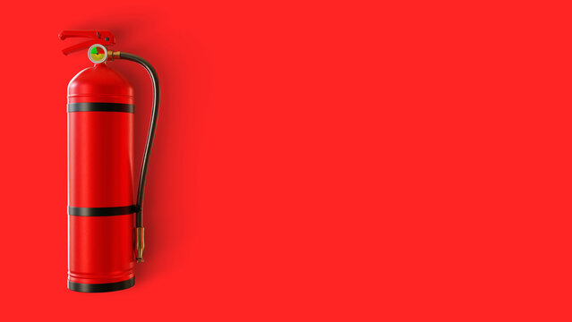 Fire safety, emergency protection equipment. Red fire extinguisher with pressure gauge and hose stands against a red background with copy space.
