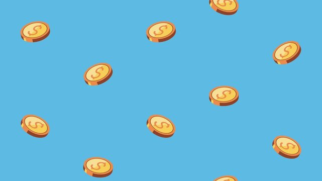 Animated falling gold dollar coins background on blue surface for finance and economy concepts.