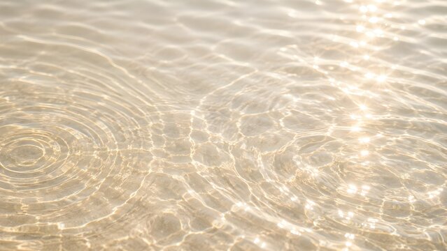Shimmery clear water ripples with sunlight glares on sandy bottom background, aesthetic summer background