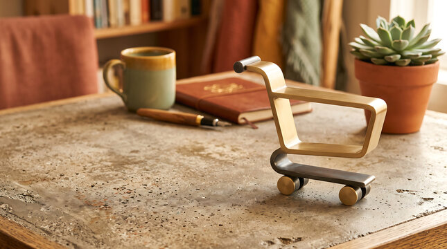Symbolic tiny shopping cart on a textured desk, reflecting modern online retail, digital marketing, and convenient purchases