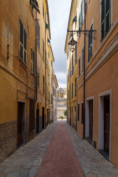 Pedestrian street in the old town of Imperia, seaside city on the Italian Riviera