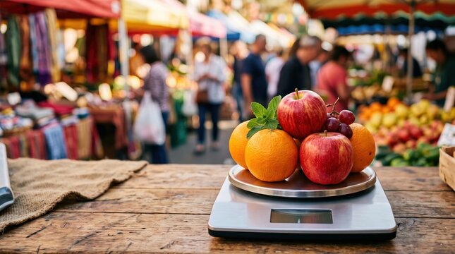 Fresh fruit on scale at market
