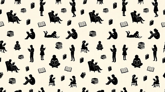 Seamless pattern of black silhouettes of people reading books