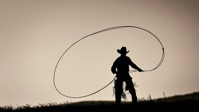 Cowboy silhouette lasso rope ranch sunset western landscape prairie horizon sky dramatic action adventure