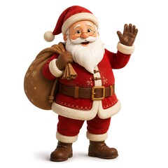 Fototapeta premium Cheerful santa claus wearing traditional red suit holding gift bag and waving hand