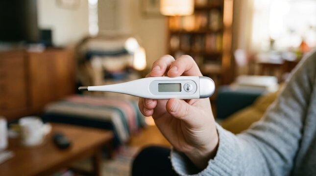 Hand holding digital thermometer at home