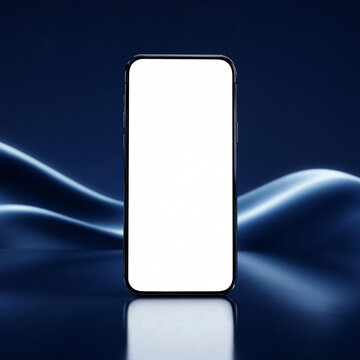Modern smartphone with blank white screen mockup on abstract blue wavy background