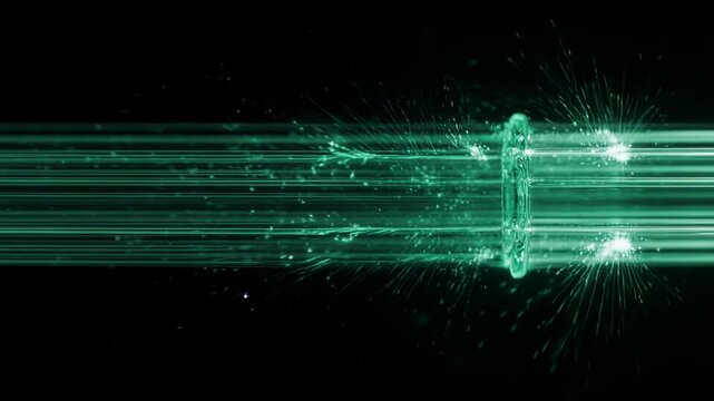 Abstract glowing data stream flowing through fiber optic conduits loop