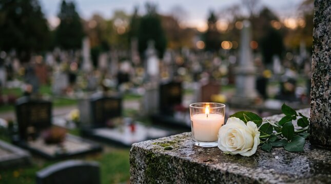 Candle and white rose on gravestone in cemetery