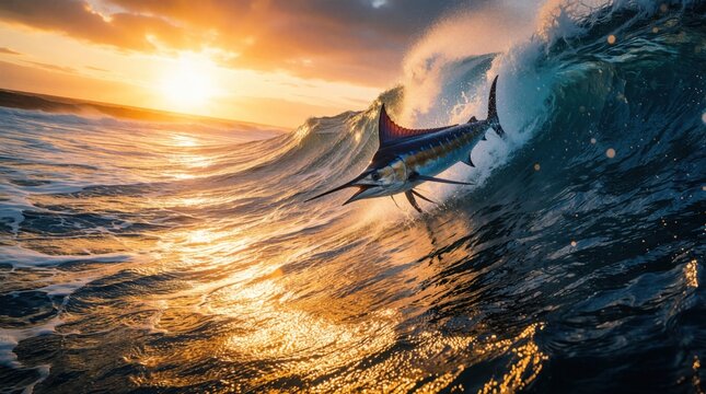 Blue marlin leaps from giant ocean wave at sunrise. Fish jumps high over sea surf during golden hour light. Epic fishing action in wild water.