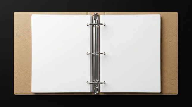 Open three-ring binder with white paper and metal rings on a neutral background.