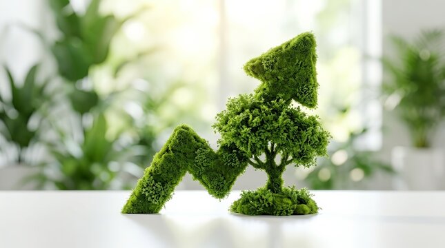 An upward green arrow made of foliage symbolizes improving efficiency and reducing carbon impacts.