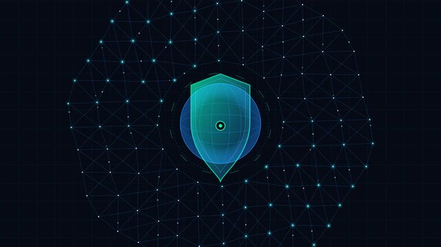 Futuristic Cyber Security Digital Shield Protecting Data Network with Connected Nodes and Glowing Lines on Dark Background