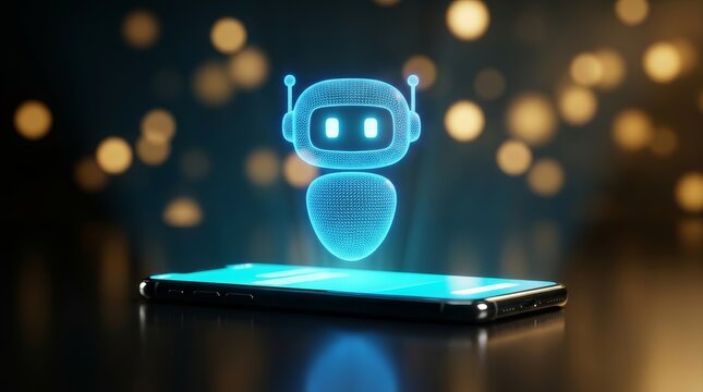 Communication technology concept featuring a glowing robot chatbot icon hovering over a smartphone screen.