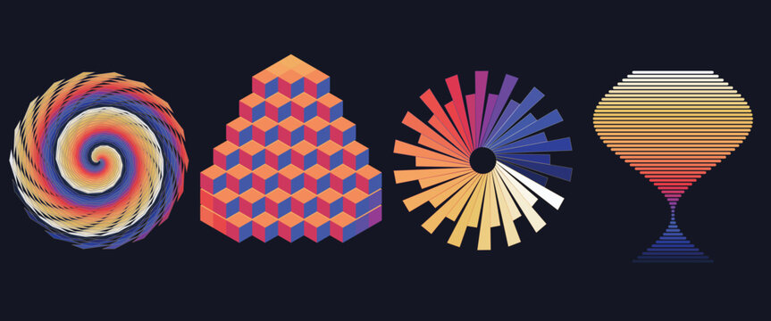 Vibrant Abstract Geometric Patterns: Spiral, Pyramid & Heart on Dark Background