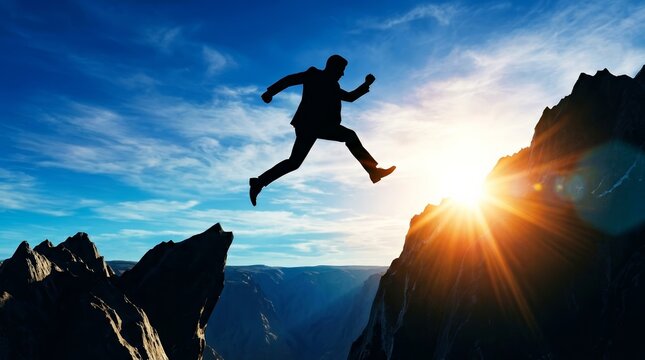 Ultimate success and overcoming business obstacles depicted by a businessman silhouette jumping across a mountain gap at sunrise.