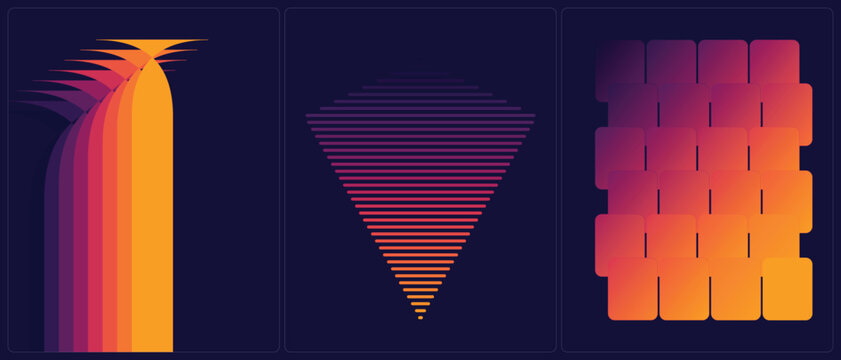Vibrant Abstract Gradient Shapes: Curved Arcs, Lines & Blocks in Purple, Orange, Red