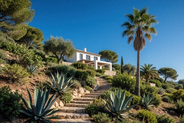 Fototapeta premium White luxury villa sits on Mediterranean hillside with stone stpic. Tall palm trees, agave plants grow in garden under blue sky. Scenic coastal property features beautiful architecture, summer