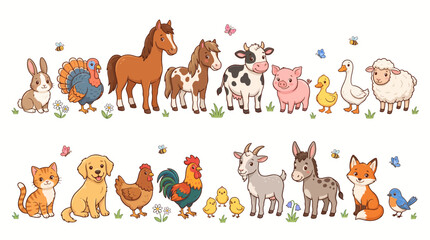 Fototapeta premium Cute cartoon farm animals collection, flat vector livestock characters set, adorable domestic animal illustrations for kids