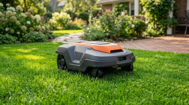 Automatic lawn mower device operating on green grass in a residential yard.