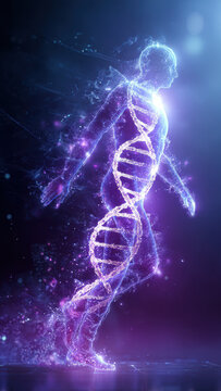 A glowing digital human figure composed of DNA strands and particles, symbolizing genetics, biotechnology, and futuristic human evolution.