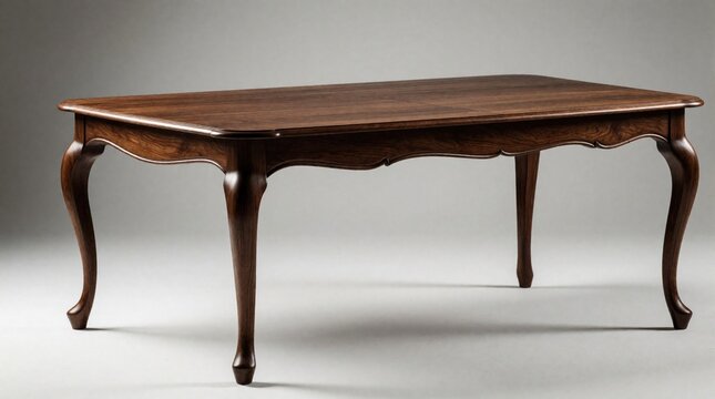 Dark wood dining table with ornate carved legs sits on plain gray studio background. Classic furniture piece offers timeless elegance for luxury home interiors and decor.