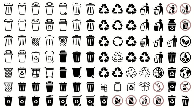 Recycling icon set with trash cans and waste symbols. Garbage bin vector collection for environmental management. Black linear waste disposal signs.